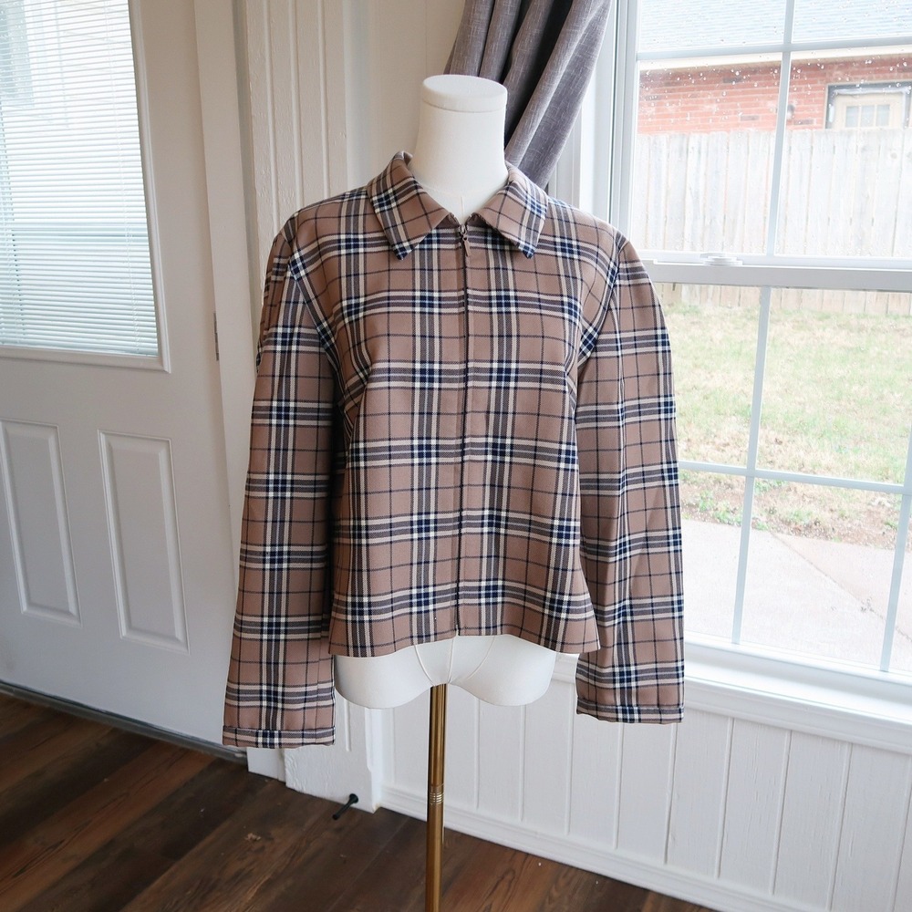 Pendleton Womens Plaid Shacket 16 Petite Beige Navy‎ 100% Virgin Wool Zip Jacket